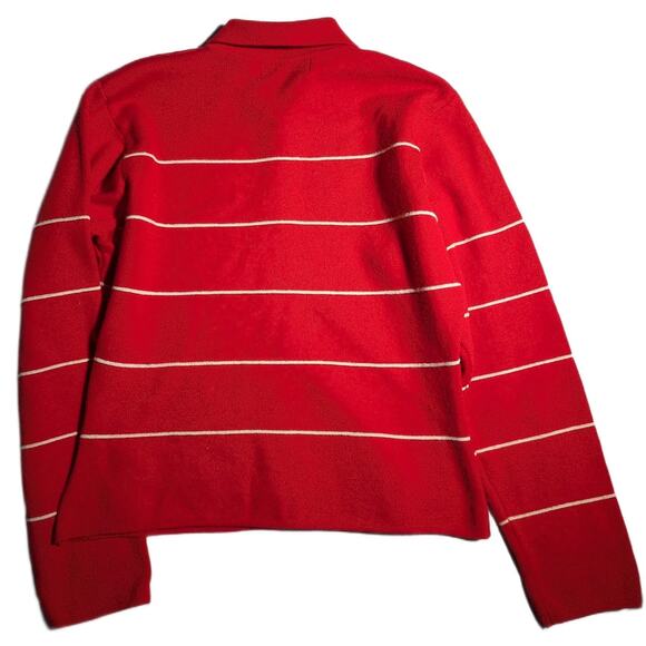 Vtg 1980s Linda Allard Ellen Tracy Red White Striped Collared Wool Cardigan Sz M - Picture 2 of 3